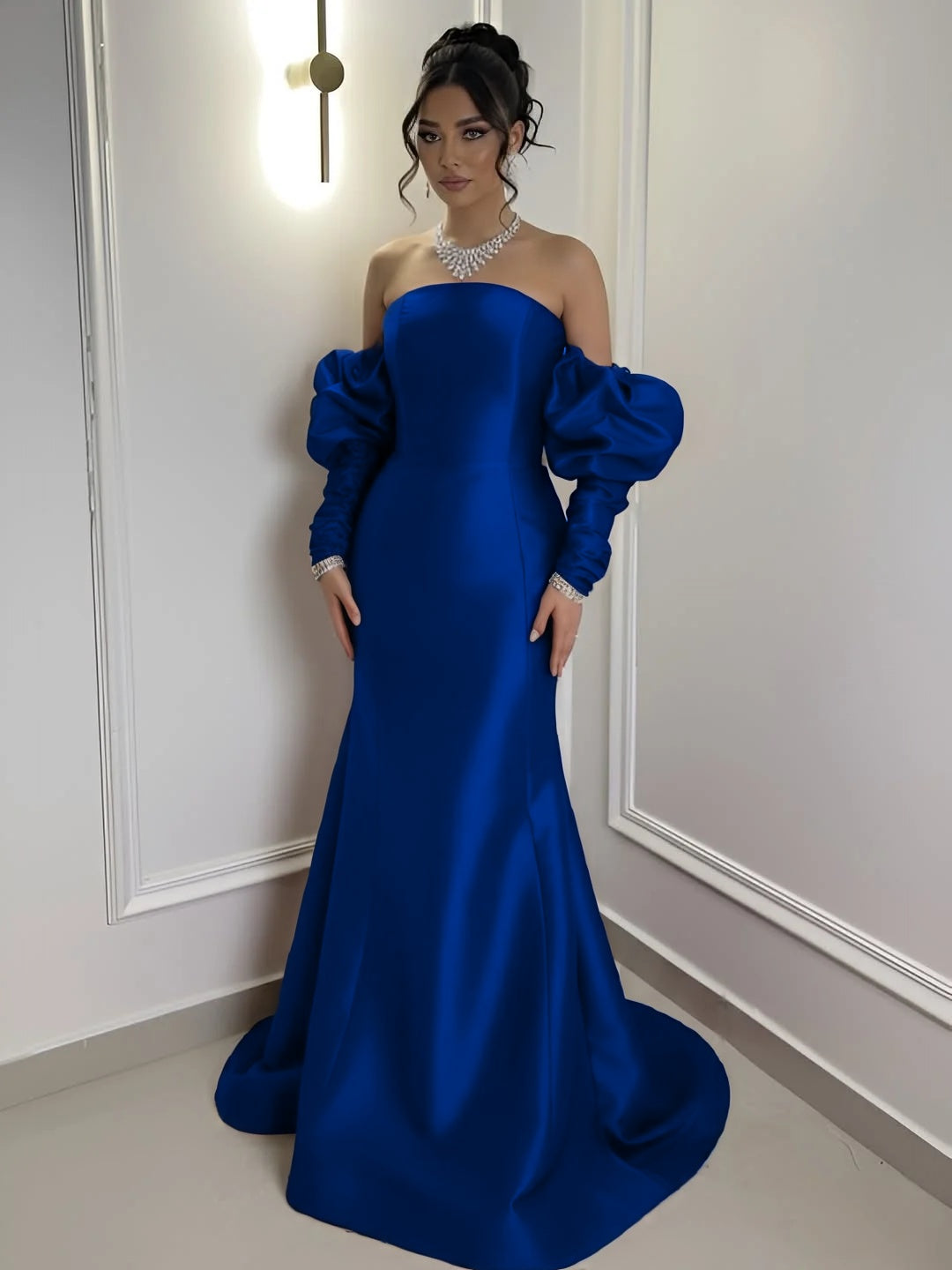 Burgundy Satin Strapless Bubble Sleeves Long Mermaid Prom Dress With Pleated YK0710