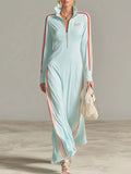 Retro Sporty Ice-Blue Half-Zip Stand-Collar Racing-Stripe Long-Sleeve Maxi Dress