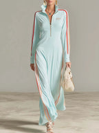 Retro Sporty Ice-Blue Half-Zip Stand-Collar Racing-Stripe Long-Sleeve Maxi Dress