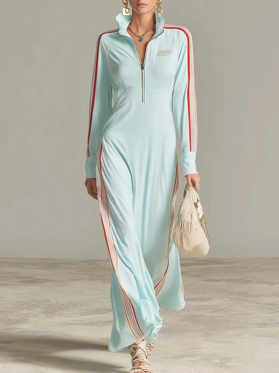 Retro Sporty Ice-Blue Half-Zip Stand-Collar Racing-Stripe Long-Sleeve Maxi Dress