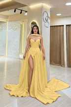 Cocoslly Strapless Sweetheart Sleeveless High Waist Long Split Prom Dress With Scarf | Burgundy Satin YC0479