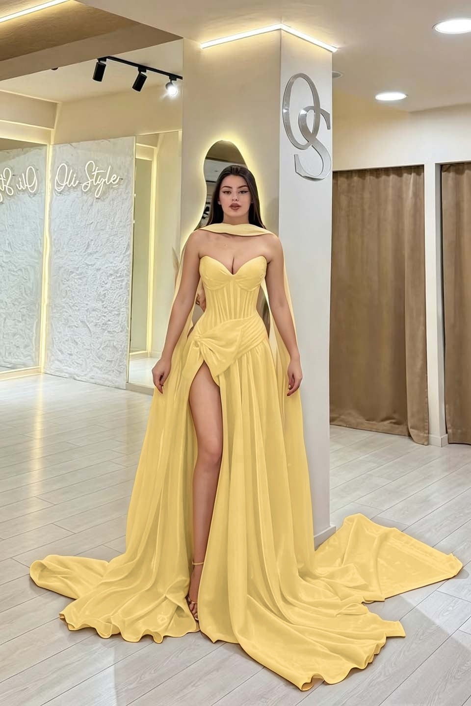 Cocoslly Strapless Sweetheart Sleeveless High Waist Long Split Prom Dress With Scarf | Burgundy Satin YC0479