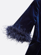 Purplish blue Feather-trimmed Velvet Crew Neck Half Sleeve A-Line Midi Dress