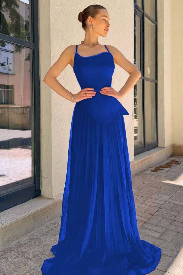 Spaghetti Strap Sleeveless Long Prom Dress With Pleated Sequins WQ0188