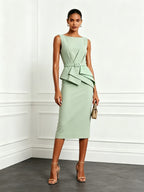 Sage Green Ruched Classic Boat Neck Sleeveless Sheath Midi Dress