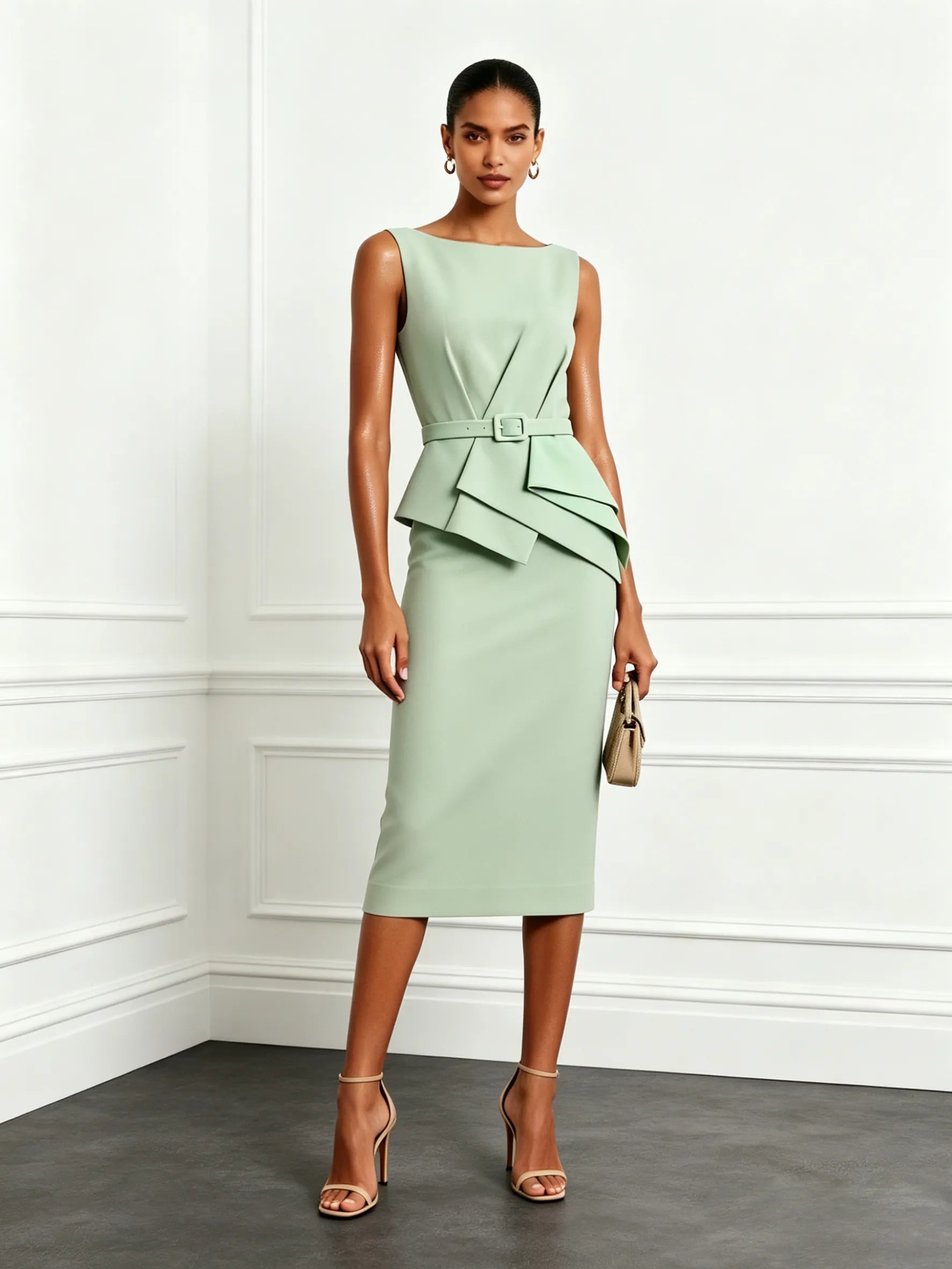 Sage Green Ruched Classic Boat Neck Sleeveless Sheath Midi Dress