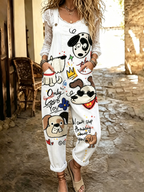 Women's Cute Dog Art Print Flowy Linen Blend Casual Jumpsuit