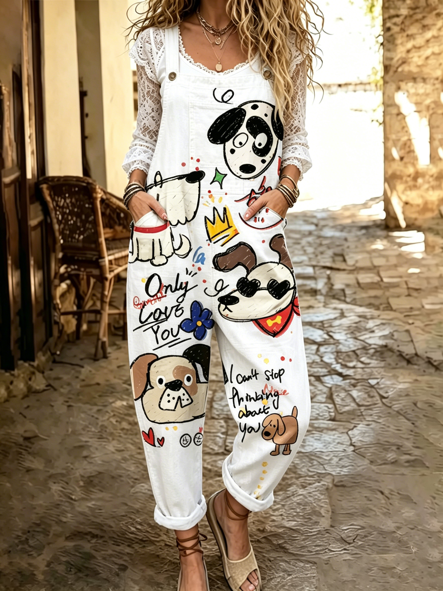 Women's Cute Dog Art Print Flowy Linen Blend Casual Jumpsuit