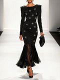 Black Pleated 3D Floral Classic Boat Neck Long Sleeve Mermaid Maxi Dress