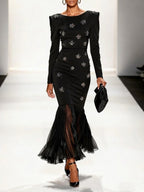 Black Pleated 3D Floral Classic Boat Neck Long Sleeve Mermaid Maxi Dress