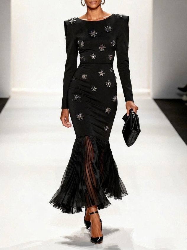 Black Pleated 3D Floral Classic Boat Neck Long Sleeve Mermaid Maxi Dress
