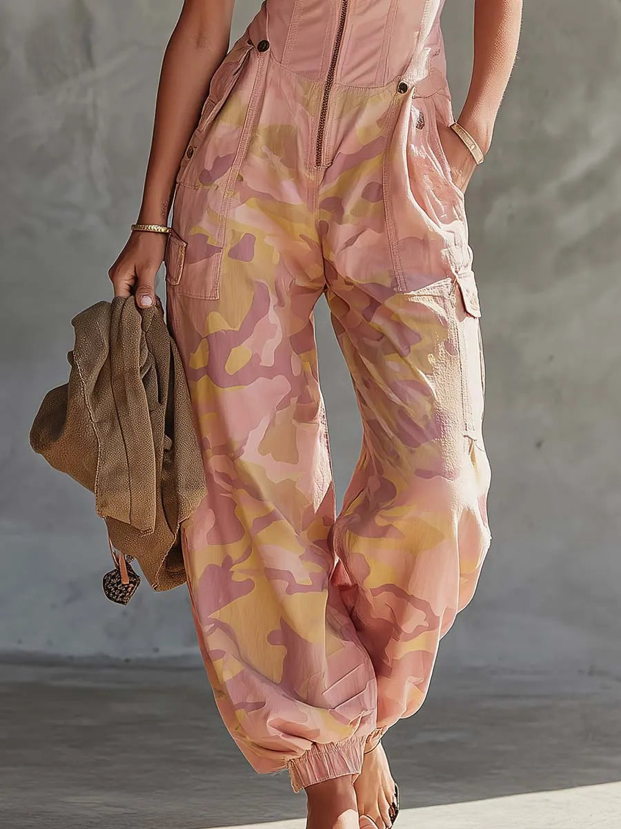 Women's Pink Camouflage Utility Cargo Jumpsuit