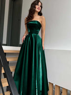 Satin Strapless Sleeveless High-Waisted Long A-Line Prom Dress With Pleated YK0638