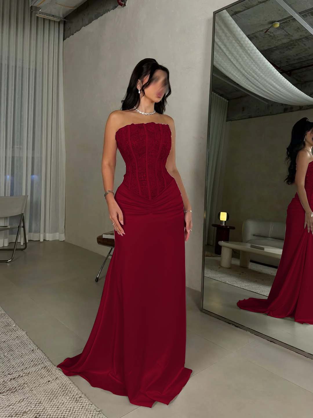 Satin Strapless Sleeveless Long Pleated Mermaid Prom Dress With Flowers And Sequins YK0636