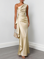 Champagne Ruffled Ruched Satin One Shoulder Sleeveless Sheath Floor-length Gown Dress