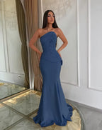 Cocoslly Strapless Sleeveless High Waist Long Mermaid Prom Dress With Appliques | Daffodil Satin LX0089