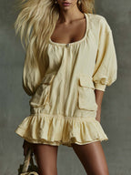 Elegant Casual Square-neck Front-zip Ruffled Hem Light Yellow Cotton Mini Dress
