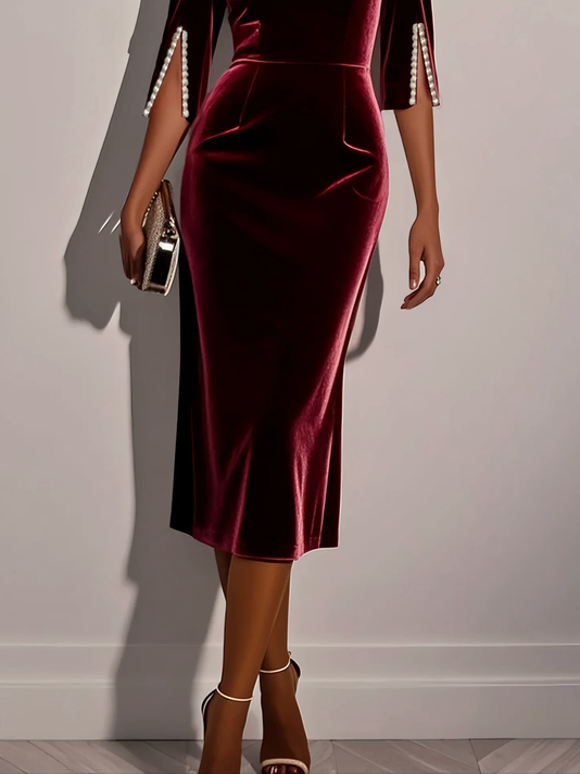 Wine Red Faux Pearl Velvet Boat Neck Half Sleeve Sheath Midi Dress