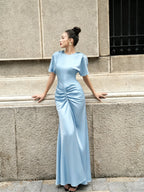 Cocoslly Round Neck Short Sleeves High Waist Long Prom Dress With Pleated | Wine Red Satin DB0023