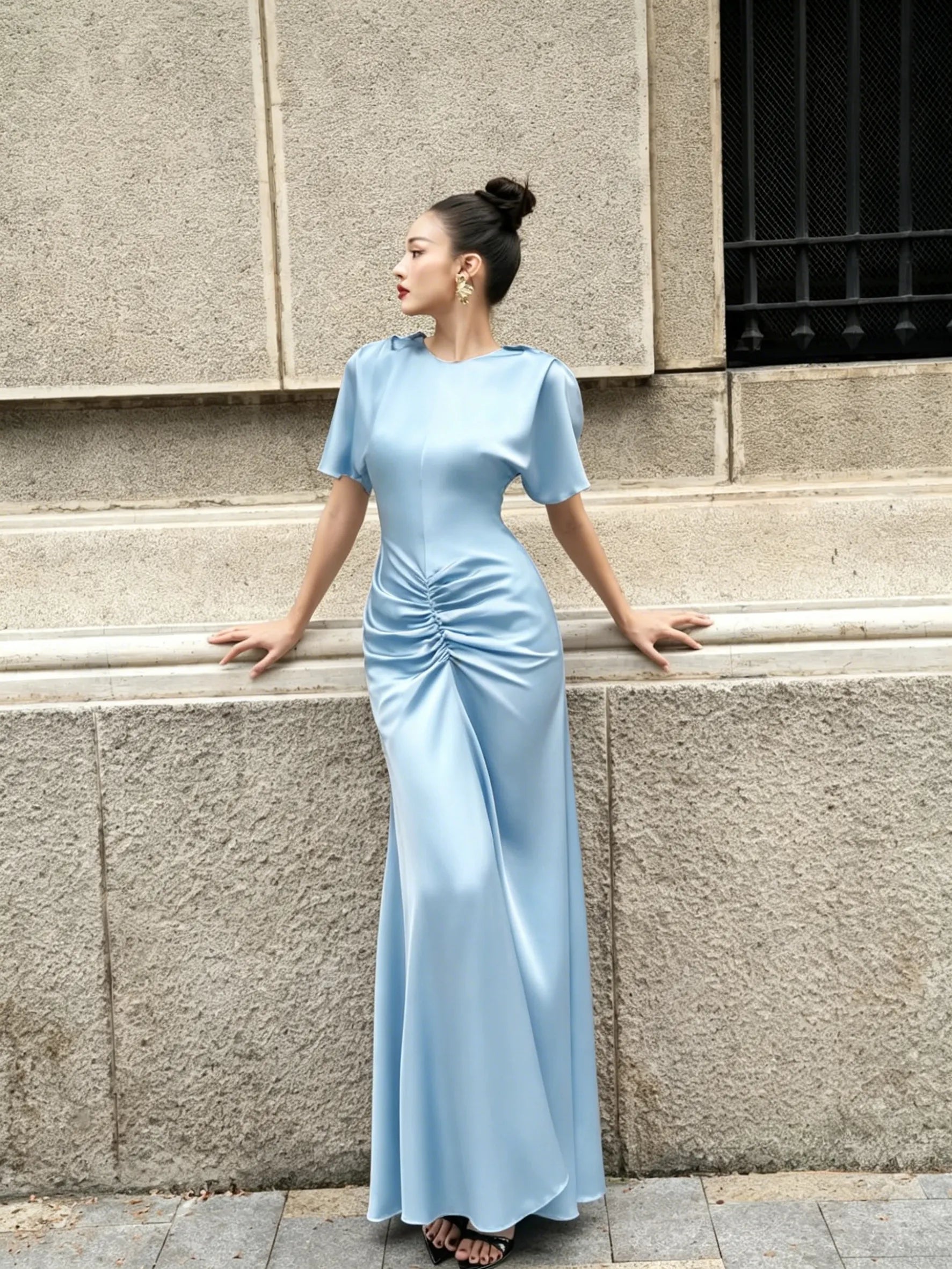 Cocoslly Round Neck Short Sleeves High Waist Long Prom Dress With Pleated | Wine Red Satin DB0023