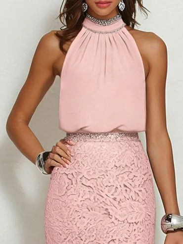 Pink Cotton Rhinestone Ruched Lace Halter Crew Neck Sleeveless Mermaid Floor-length Gown Dress