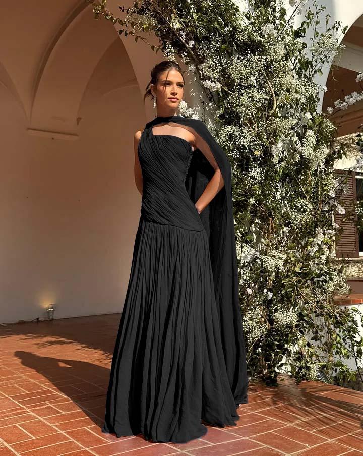 Chic One Shoulder Sleeveless Long Prom Dress With Pleated Shawl WQ0343