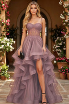 Cocoslly Spaghetti Straps Sleeveless High Waist Long Prom Dress With Beading Pearls And Split | Black Tulle LR0136