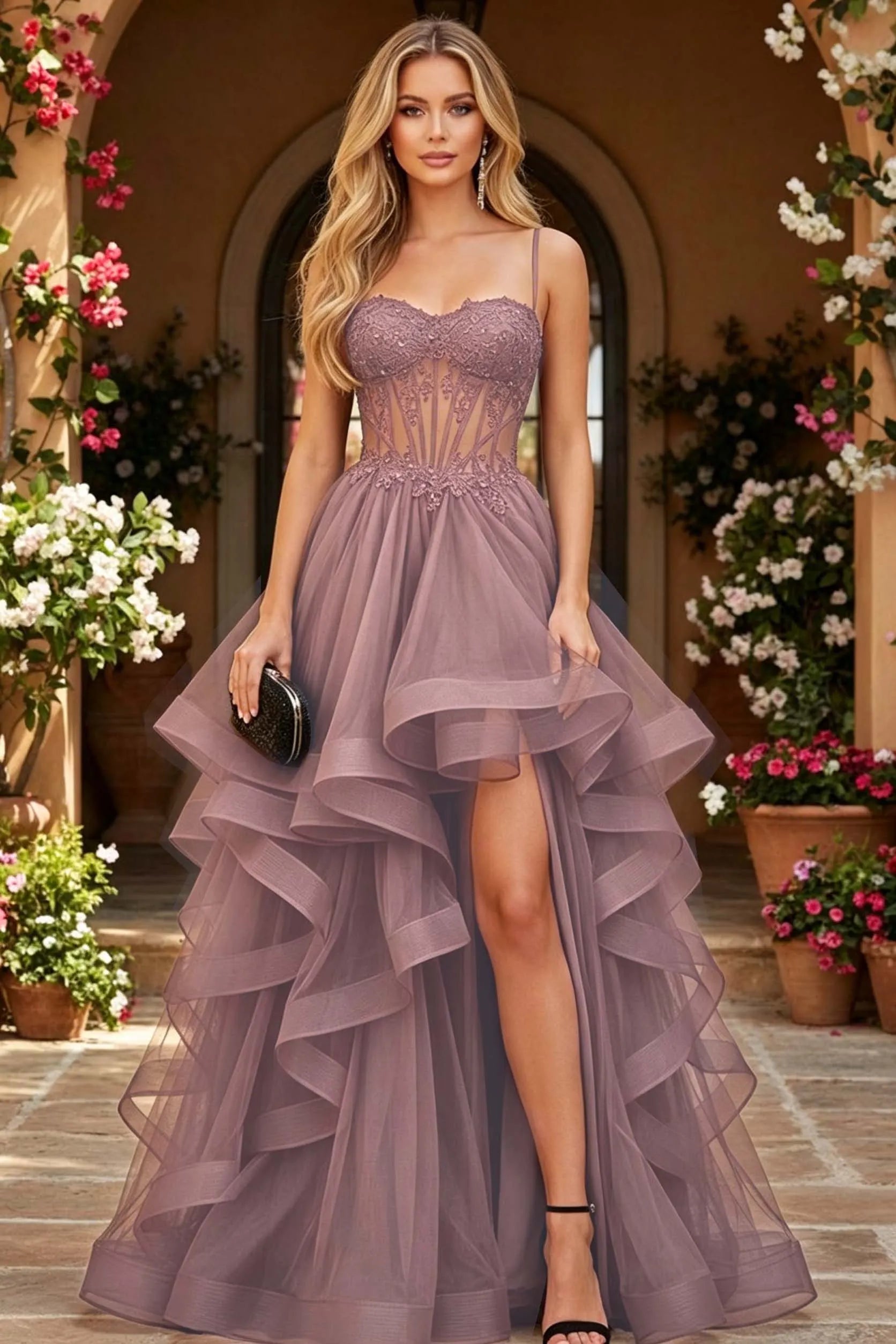 Cocoslly Spaghetti Straps Sleeveless High Waist Long Prom Dress With Beading Pearls And Split | Black Tulle LR0136