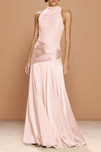 Cocoslly High-Neck Sleeveless Long Pleated Mermaid Prom Dress With Embroidery | Sage Green Satin ZA0147