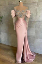 Cocoslly Off-The-Shoulder Long Lace Sleeves Long Split Mermaid Prom Dress With Beaded Applique Embroidery | Pink Satin ED0148