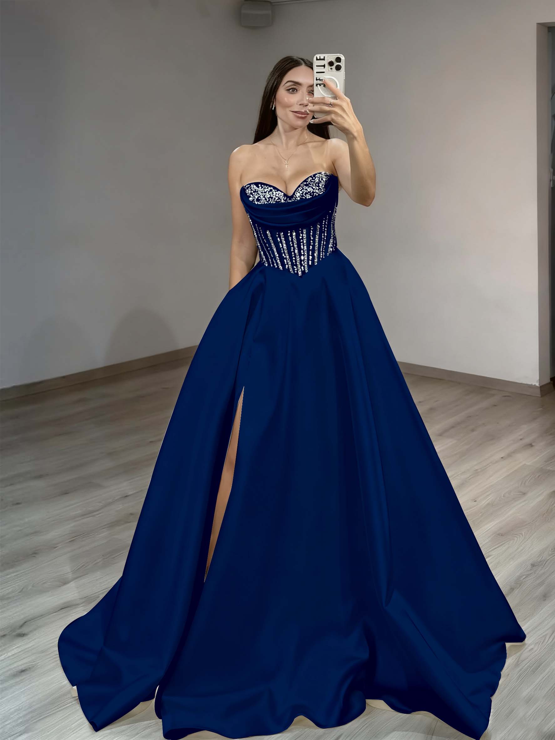 Satin Sweetheart Sleeveless Long Pleated A-Line Prom Dress With Rhinstone And Split YK0584
