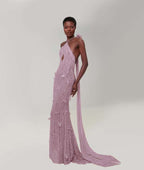 Cocoslly Halter Sleeveless High Waist Long Mermaid Prom Dress With Sequins | Nude Champage Chiffon YK1282