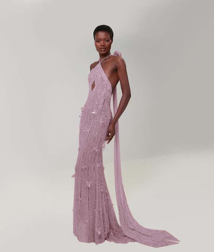 Cocoslly Halter Sleeveless High Waist Long Mermaid Prom Dress With Sequins | Nude Champage Chiffon YK1282