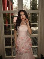 Cocoslly Strapless Sleeveless High Waist Long Prom Dress With Pleated And Appliques | Pink Tulle CO0140
