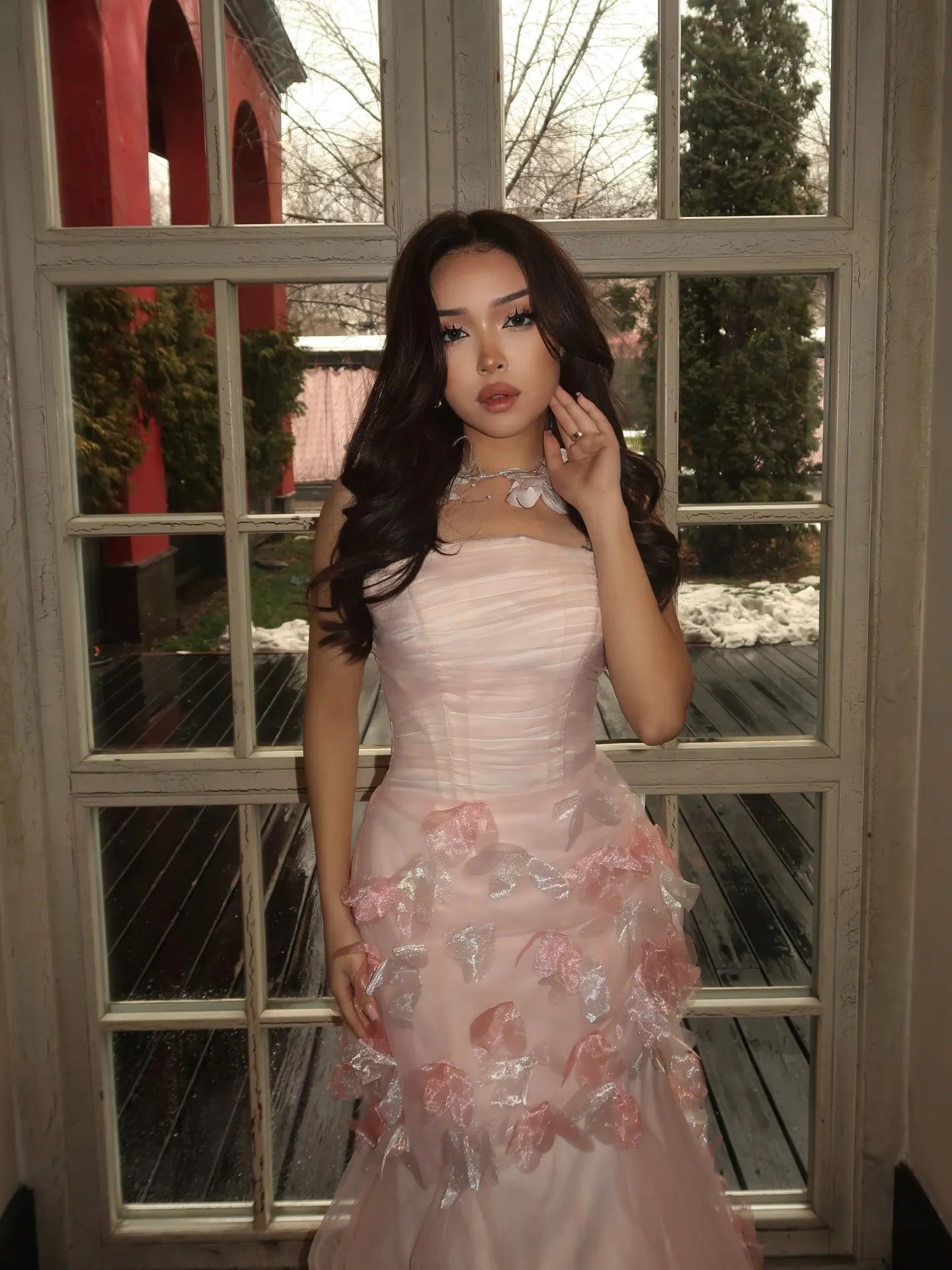 Cocoslly Strapless Sleeveless High Waist Long Prom Dress With Pleated And Appliques | Pink Tulle CO0140
