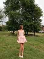 Cocoslly Spaghetti Straps Sleeveless High Waist Short Prom Dress With Ruffles | Glod Satin LX0094