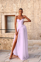 Cocoslly Strapless Sleeveless High Waist Long Prom Dress With Deep Split And Pleated | Pink Chiffon YC0472