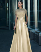 Tulle And Satin High-Neck Short Sleeves Long A-Line Pleated Prom Dress With Pockets And Beadings YK0542