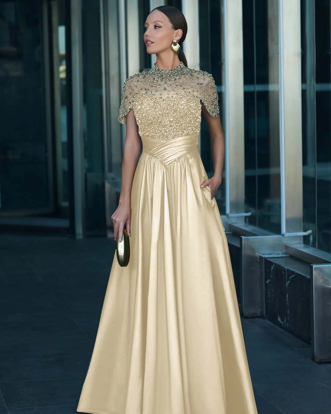 Tulle And Satin High-Neck Short Sleeves Long A-Line Pleated Prom Dress With Pockets And Beadings YK0542
