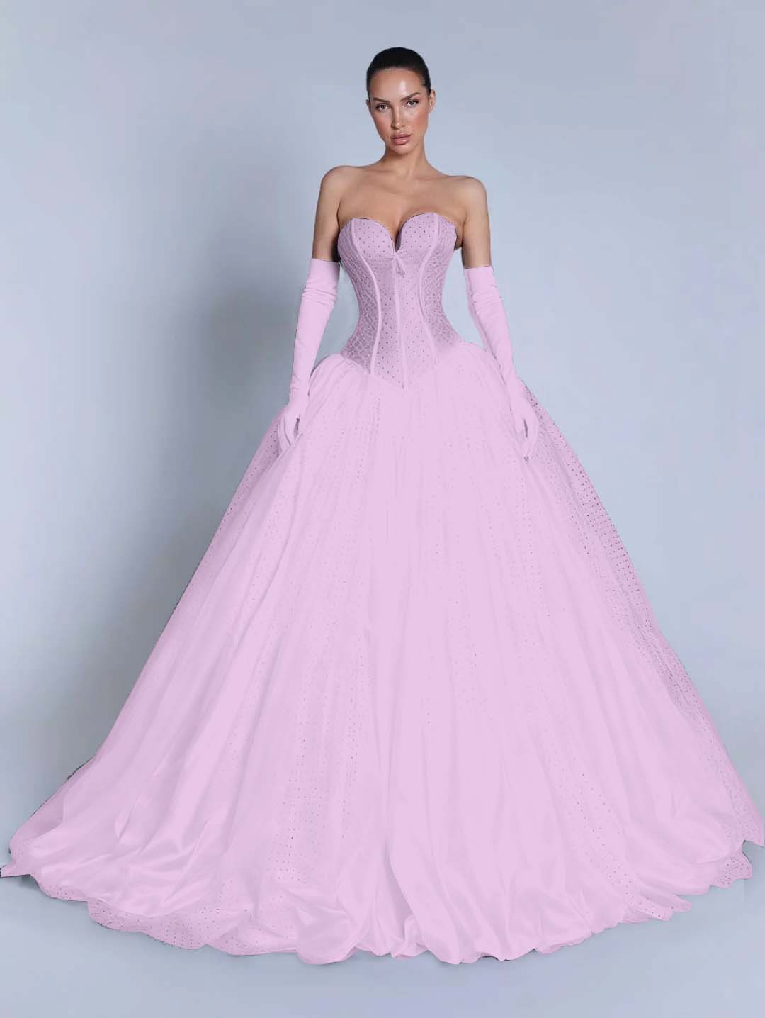 Tulle Sweetheart Strapless Sleeveless Long A-Line Prom Dress With Bow And Gloves YK0721