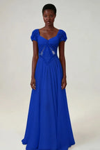 Cocoslly Short Sleeves High Waist Long Prom Dress With Rhinstone | Blushing Pink Chiffon LR0376