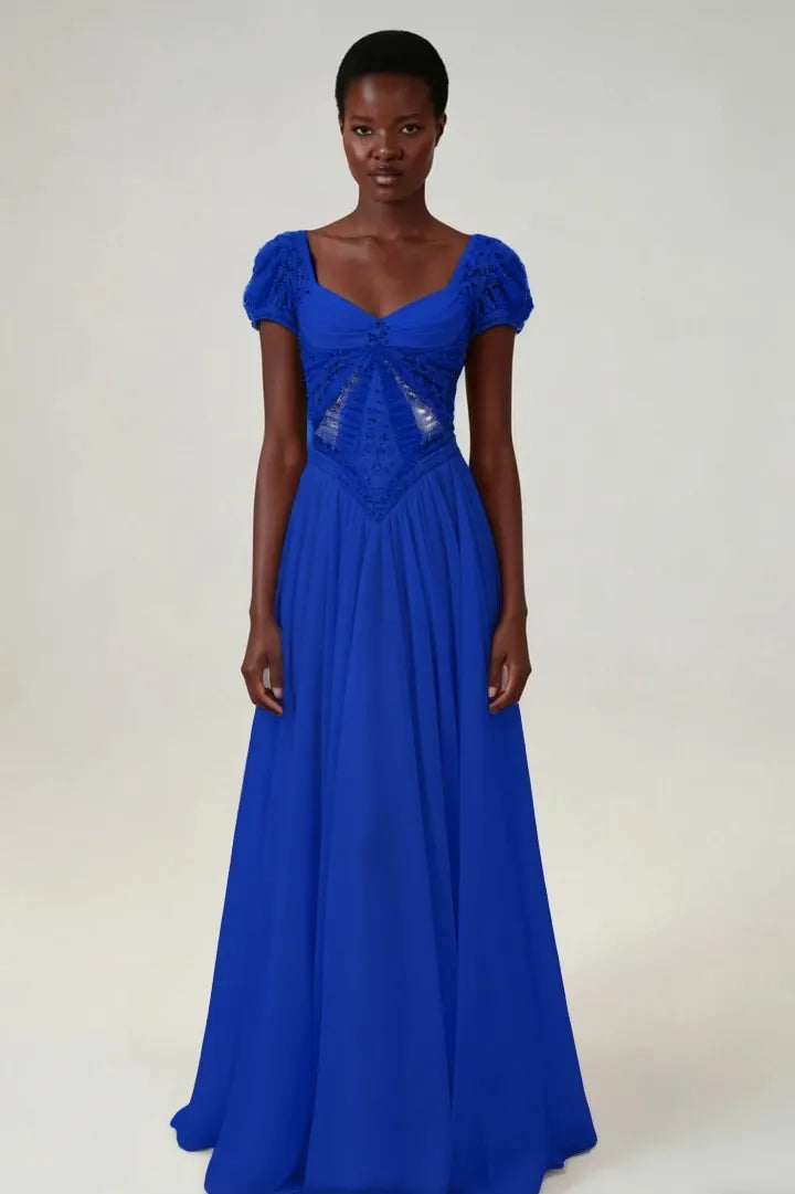 Cocoslly Short Sleeves High Waist Long Prom Dress With Rhinstone | Blushing Pink Chiffon LR0376