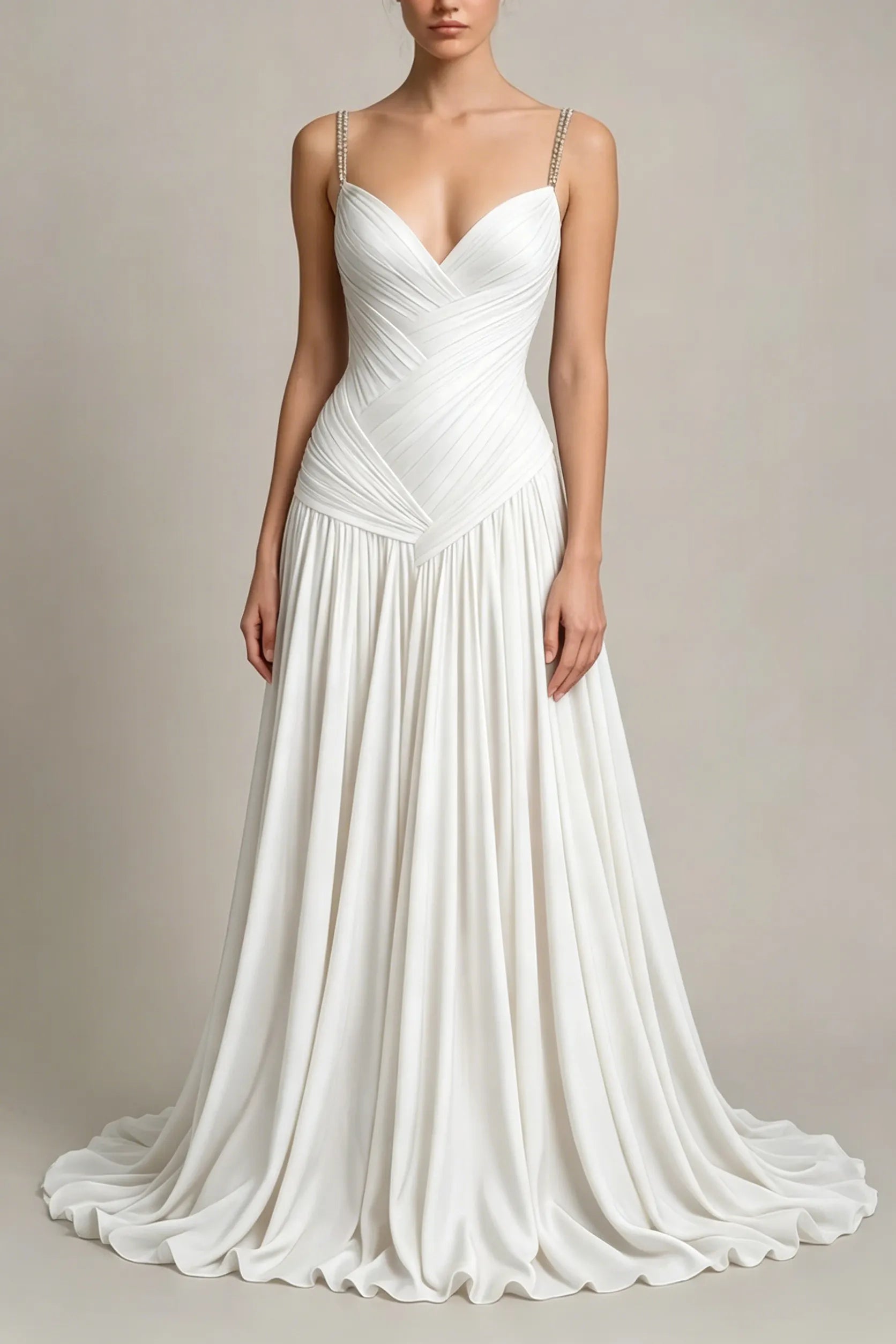 Cocoslly Spaghetti Straps Sleeveless High Waist Long Prom Dress With Pleated | Dusty Blue Chiffon LR0340
