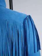 Retro Western Style Zippered Collar Blue Fringed Faux Suede Mini Dress