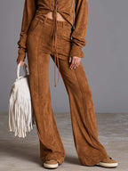Western Boho Tan Faux-Suede Lace-Up Top And Wide-Leg Pants Set