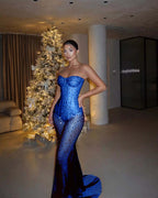 Red Tulle Strapless Sleeveless Long Mermaid Prom Dress With Sequins And Corset YK0682