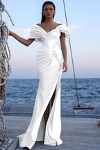 Cocoslly Off-The-Shoulder Beaded Split Long Prom Dress With Sequins Acrylic Rhinestones | Sky Blue Satin ZT0483
