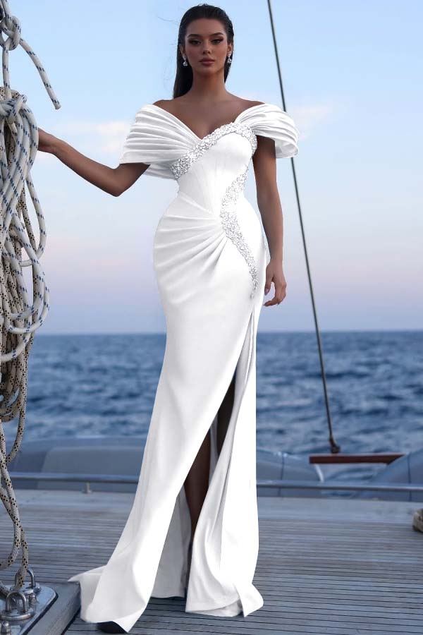 Cocoslly Off-The-Shoulder Beaded Split Long Prom Dress With Sequins Acrylic Rhinestones | Sky Blue Satin ZT0483
