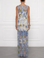Blue Sequin Embroidery Classic Boat Neck Sleeveless Mermaid Floor-length Gown Dress
