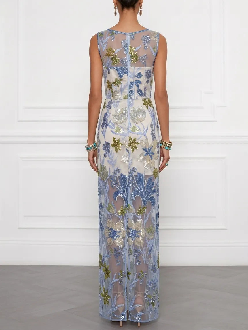 Blue Sequin Embroidery Classic Boat Neck Sleeveless Mermaid Floor-length Gown Dress
